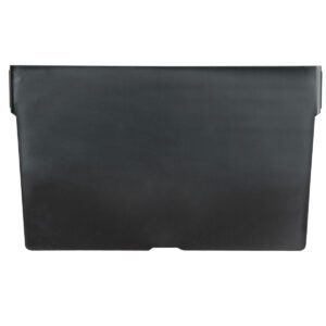 The green plastic storage tote, similar to the MB30128CLN Metro Bins matched with MB40120 dividers, has a flat, rectangular shape with gently curved sides. Its smooth front and simple design render it ideal for organizing essentials.