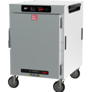 The Metro HBCW8-DS-M HotBlox is a wide, gray 8-pan insulated mobile holding cabinet with a solid door and digital touchscreen controller; features a Hot Box logo, durable metal construction, right-side door latch, operates at 120V, 60Hz, and 875W power. It also comes with wheels for mobility.