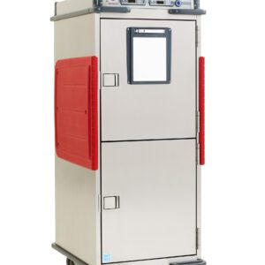 The Metro C5T9D-DSF, a full-height heated transport cabinet, features separate upper and lower Dutch solid doors with latches. It operates at 120V and includes fixed lip load slides and top-mounted dials for control, all designed for efficient use.