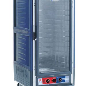 The Metro C537-MXFC-L-BUA C5 3 Series cabinet, with a full-length clear door and lip load aluminum slides, operates at 220-240V and 50/60Hz. Its designed for efficient moisture heated holding and proofing, with mobility features and metal interior shelves.