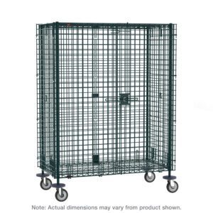 The Metro SEC53DK3 Super Erecta Mobile Security Shelving Unit in Metroseal Green Epoxy is a large metal wire storage cage with six caster wheels, a latch, and a single door for easy mobility. Note: Actual dimensions may vary from 27.25 x 40.75 x 67.9375.