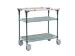 The Metro MS1836-PRPR PrepMate MultiStation is a two-tier utility cart with 36 Super Erecta Pro top and bottom shelves, Metroseal green epoxy posts, and four wheels (two locking with orange mechanisms), featuring orange accents on metal connections.