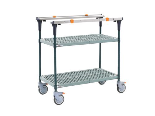 The Metro MS1836-PRPR PrepMate MultiStation is a two-tier utility cart with 36 Super Erecta Pro top and bottom shelves, Metroseal green epoxy posts, and four wheels (two locking with orange mechanisms), featuring orange accents on metal connections.