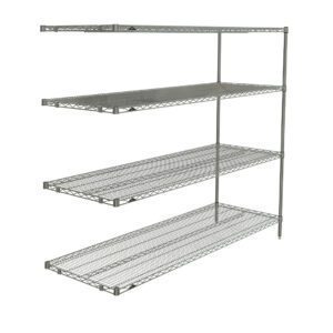 The Metro AN576BR Super Erecta 4-Shelf Add-On Unit in Brite offers adjustable wire shelves and an open design for ventilation and visibility, ideal for kitchens, garages, or warehouses. It measures 24 x 72 x 63, making it a spacious and sturdy storage solution.