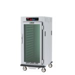 The Metro C597X-SFC-L C5 9 Series Cabinet is a 3/4 height unit with a full-length clear door and aluminum slides. It operates on 220-240V, 50/60Hz, and is designed for storing food efficiently. The control panel is top-mounted, and it easily moves on four caster wheels.