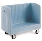 The Metro SSD16 cart is a blue, rectangular polymer cart with high side walls and an open top. It features an interior with ridges and four swivel wheels for easy mobility, offering a simple and functional design.