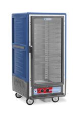 The Metro C537-HXFC-U-BUA C5 3 Series Insulated Holding Cabinet features a blue design, full-length clear door, and universal wire slides. It includes metal interior shelving, two control knobs, and wheels for mobility, operating efficiently at 220-240V and 50/60Hz for storing or transporting food.