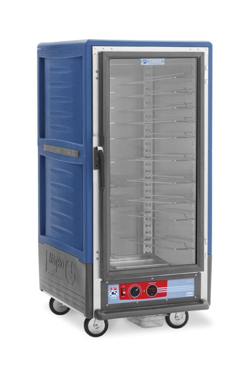 The Metro C537-HXFC-U-BUA C5 3 Series Insulated Holding Cabinet features a blue design, full-length clear door, and universal wire slides. It includes metal interior shelving, two control knobs, and wheels for mobility, operating efficiently at 220-240V and 50/60Hz for storing or transporting food.