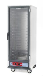 The Metro C519-HFC-4A C5 1 Series Holding Cabinet is a full-height, stainless steel warmer with a transparent front door revealing empty wire racks. This 120V, 2000W unit features control knobs, a temperature display panel at the bottom, and wheels for easy mobility.