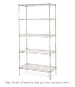 The Metro 5N477BR Super Erecta Starter Unit has five wire shelves and four metal poles. Its dimensions are 21 x 72 x 74, featuring a compact, brite industrial look. Note: Actual dimensions may vary.