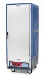 The Metro C539-HXFS-L-BU C5 3 Series is a tall, full-height insulated holding cabinet with a blue frame and solid white door. It operates at 220-240V, 50/60Hz, 1681-2000W and includes lip load aluminum slides for maintaining hot food temperatures in catering or restaurant settings.