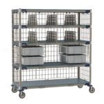 The Metro ECP56DX3 MetroMax i Deluxe Par Level Cart, 24 x 60, is a mobile metal rack with four lattice shelves and several gray plastic containers organized on the third and fourth levels for efficient storage.