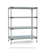 The MetroMax 4 X516G4 4-Shelf Plastic Industrial Shelving Starter Unit offers slatted shelves and sturdy corner posts, with adjustable feet. It measures 24 x 24 x 63, but a note states, Actual dimensions may vary from product shown.