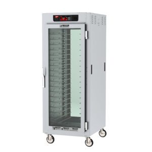 The Metro C589X-SFC-UPFCA C5 8 Series Insulated Pass-Thru Holding Cabinet is full-height with a full-length clear door and universal wire slides. It operates at 50/60Hz, 220-240V, with a digital control panel on top and caster wheels for easy mobility.