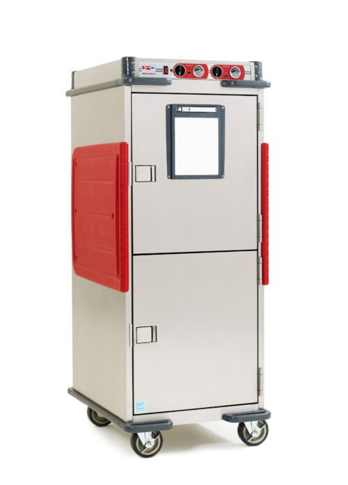 The Metro C5T9DX-ASL C5 T-Series heated transport cabinet features full-height, Dutch solid doors with adjustable lip load slides, red handles and trim, a window on the upper door, top-mounted controls and indicators, and four wheels for mobility. It operates efficiently on 220-240V at 50/60Hz.