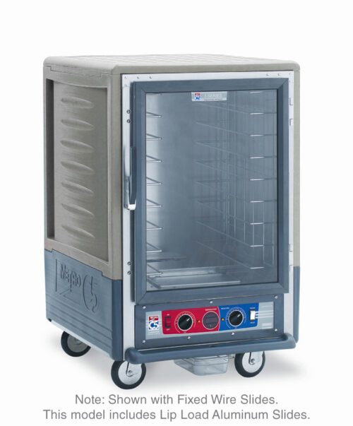 The Metro C535-CFC-L-GY C5 3 Series Insulated Holding/Proofing Cabinet, 1/2 height, features a sleek gray design with a full-length clear door, lip load aluminum slides for tray arrangements, and bottom control knobs. Its mobile on wheels and operates at 120V, 60Hz, with a power of 2000W.