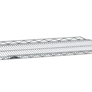 The Metro HDM2148QC qwikSLOT Drop Mat Wire Display Shelf is a rectangular chrome metal unit, featuring a 21 x 48 grid pattern for sturdy, open-frame construction, enabling optimal storage, ventilation, and visibility.