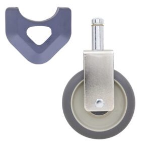 Displayed against a white background, the Metro 5MDRXA 5 High Modulus Donut Rigid Stem Caster for MetroMax Industrial Plastic Shelving Racks pairs with a dark gray plastic triangular tool. The casters sturdy metal attachment ensures enhanced shelf mobility.