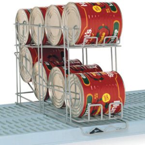 A Metro CR24E Can Rack System organizes nine large, red-labeled tomato sauce cans in three rows on a blue grid-patterned shelf of a MetroMax i and Q Industrial Plastic Shelving unit.
