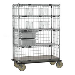 The Metro ECN55CC Super Adjustable Super Erecta Deluxe Cart features a 24 x 48 galvanized steel bottom shelf and wireframe design. It has four wheels for smooth movement and includes plastic bins on the middle shelf, ideal for versatile storage solutions.
