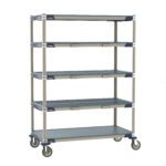 The Metro ECP55CX3 MetroMax i Par Level Cart, 24 x 48, includes five adjustable gray perforated shelves and a beige frame on four wheels, perfect for stylish storage and easy mobility.