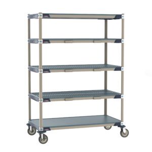 The Metro ECP55CX3 MetroMax i Par Level Cart, 24 x 48, includes five adjustable gray perforated shelves and a beige frame on four wheels, perfect for stylish storage and easy mobility.