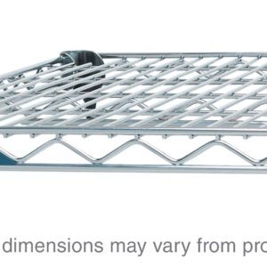 The Metro Super Adjustable Super Erecta A2160NS Industrial Wire Shelf, 21 x 60, is a polished stainless steel design with a grid pattern, reinforced edges, and notched corners for easy assembly. Note that dimensions may vary from the product shown.