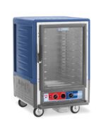 The Metro C535-MXFC-U-BUA C5 3 Series cabinet is a portable blue unit with wheels. It features a full-length clear door, universal wire slides, and temperature control dials and switch. Compatible with 50/60Hz power sources, it operates at 220-240V and 1681-2000W.