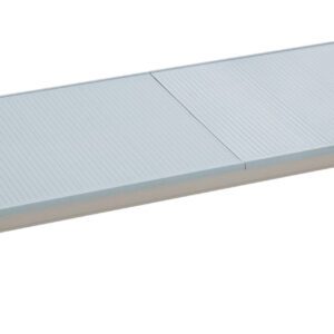 The treadmill, similar to the MetroMax i MX1872F Plastic Industrial Shelf, boasts a long rectangular design with a sleek light gray surface and sturdy black corner accents. Its smart folding mechanism makes it as space-efficient as an 18 x 72 industrial shelf.