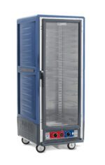 The Metro C539-CXFC-U-BU is a tall, blue holding/proofing cabinet with Universal Wire Slides, a full-length clear door, wire shelves, and two control dials. Designed for easy mobility on wheels, it operates efficiently on 220-240V.