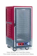 The Metro C537-CXFC-LA C5 3 Series Cabinet in red features a full-length transparent door, lip load aluminum slides, metal interior shelves, dual control knobs, wheels for mobility, and operates at 220-240V with 50/60Hz power in a 3/4 height design.