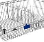 The Metro BSKDIV-18H Super Erecta Basket Shelving Divider, Chrome, 18, features a durable stainless steel wire rack with vertical dividers and a blue clip.