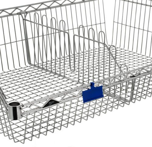 The Metro BSKDIV-18H Super Erecta Basket Shelving Divider, Chrome, 18, features a durable stainless steel wire rack with vertical dividers and a blue clip.