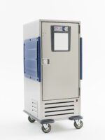 The Metro C5R9X-SLA C5 R-Series is a stainless steel refrigerated transport cabinet featuring adjustable lip load slides, 220-240V and 50Hz operation, with wheels, side handles, a clear front door, top control knobs, and bottom ventilation slots for mobility and efficient food storage.