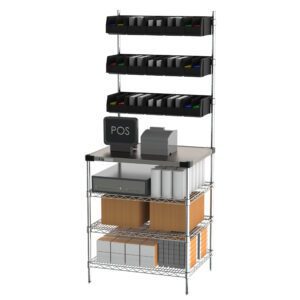The Metro CR2430DTPOS Drive-Thru Station is a multifunctional retail shelving unit featuring an integrated POS system, with top shelves showcasing small bins with colorful labels and lower shelves neatly organizing boxes and containers for efficient storage.