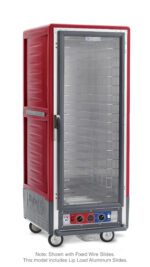 The Metro C539-CXFC-LA C5 3 Series Insulated Holding/Proofing Cabinet in red features a clear full-length door, base control knobs, metal bars inside, and fixed wire slides with Lip Load Aluminum Slides. It operates at 220-240V for optimal efficiency.