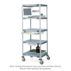 The Metro HPLC2X3 MetroMax i 5-Shelf Double HPLC Experiment Cart, tall and gray with four wheels, is ideal for lab work. It accommodates lab equipment with multiple shelves; one supports a monitor and keyboard. Includes dimensions and optional accessories for this sturdy cart.