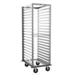 The Metro RD3NA33 End-Load Pan Rack, sized at 23.5 x 31 x 69.75, features multiple horizontal slats, a gray continuous bumper, and four caster wheels with 3 slide spacing, ideal for commercial kitchens.