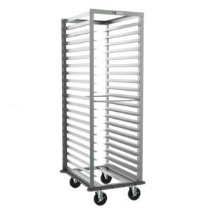 The Metro RD3NA33 End-Load Pan Rack, sized at 23.5 x 31 x 69.75, features multiple horizontal slats, a gray continuous bumper, and four caster wheels with 3 slide spacing, ideal for commercial kitchens.