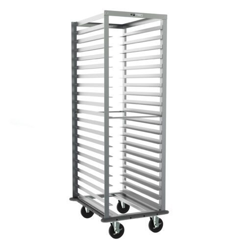 nkgoccog7j9qi8gm9sn72yr2p9a5quxu.jpg The Metro RD3NA33 End-Load Pan Rack, sized at 23.5 x 31 x 69.75, features multiple horizontal slats, a gray continuous bumper, and four caster wheels with 3 slide spacing, ideal for commercial kitchens.