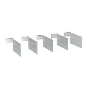 Four parallel glass partitions arranged in a zigzag pattern resemble the minimalist Metro FL114 Short Dividers for Flexline and Lifeline 3 Drawers. Each partition, like these dividers, has a rectangular base and top, casting faint shadows on a pristine white background.