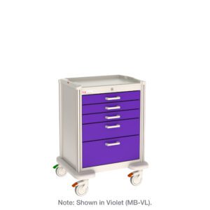 The Metro MBP3110TL Basix Plus General Use Medical Cart is displayed with a white frame, purple drawers labeled Violet (MB-VL), four wheels for mobility, and five drawers of assorted sizes.