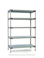 The MetroMax 4 5X427G4 shelving unit is a five-tier plastic industrial system, measuring 21 x 30 x 74, with a ventilated grid design and adjustable feet. Note that actual dimensions may vary from the images shown.