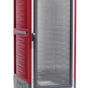 The Metro C539-HXFC-4 C5 3 Series is a red full-height insulated holding cabinet with a full-length clear door for easy viewing. It operates at 220-240V and 50/60Hz, features fixed wire slides for storage, and has four wheels for mobility.