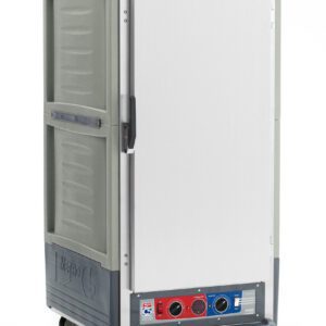 The Metro C537-CXFS-L-GYA C5 3 Series Insulated Holding/Proofing Cabinet is a 3/4 height, wheeled food warmer with a gray exterior. It has a full-length solid door, lip load aluminum slides, and operates at 220-240V. Ideal for transporting and maintaining food warmth.
