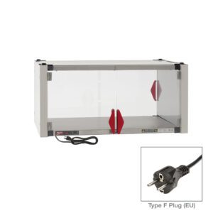 A stainless steel sterilization chamber resembling the Metro HSX2436-EKIT-EU Super Erecta Hot Enclosure Kit with transparent double doors and red handles. It operates at 220-240V, includes a black power cord, EU Type F plug, and has dimensions of 36.7 x 27.7 x 17.4.