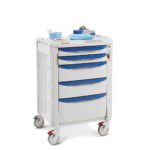 The Metro FLTMENT2 Flexline Treatment Cart features blue drawers and a white frame on wheels. Its top accommodates medical supplies like gloves, a box, a small dish, and papers. Designed for storage and effortless mobility.