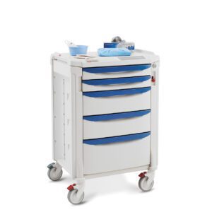 The Metro FLTMENT2 Flexline Treatment Cart features blue drawers and a white frame on wheels. Its top accommodates medical supplies like gloves, a box, a small dish, and papers. Designed for storage and effortless mobility.