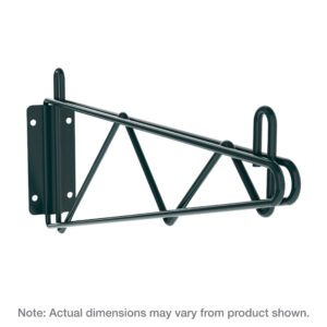 The Metro 1WD21K3 Super Erecta wall mount bracket, designed for 21 shelves, features a sleek triangular support structure with a Metroseal Green Epoxy finish. It provides robust support and notes that actual product dimensions may differ from those shown.