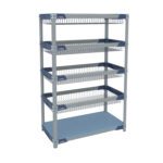 This 18 x 36, 60 metal storage shelf with a sleek silver frame and blue accents has five tiers, featuring four wire mesh baskets and a solid bottom shelf, similar to the Metro GWBX3-2 MetroMax i Glassware Basket Carts for optimal organization.